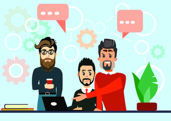 Businessmen work as a team. Building a successful business process. Development of technology in the enterprise from good ideas. Discussion of the mechanism of work.
