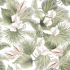 Wall murals Orchidee Tropical floral boho dried palm leaves, orchid anthurium flower seamless pattern white background. Exotic jungle wallpaper.
