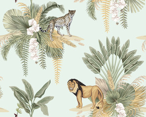 Vintage tropical banana tree, palm leaves floral, orchid flower, lion, leopard animals wildlife  island seamless pattern blue background. Exotic safari wallpaper.