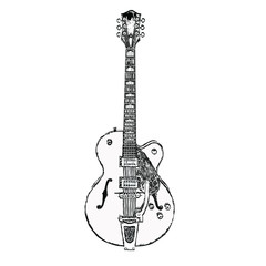 Jazz electric guitar on a white background. Black and white vector illustration of an isolated guitar. Drawing sketch.
