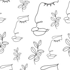 Seamless pattern with modern woman portrait and leaves. Continuous line, vector black and white background