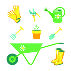 Garden tools set in flat style isolated on white background. Vector stock illustration.