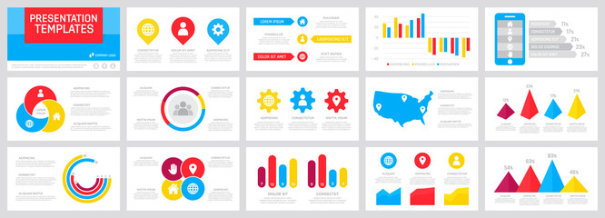 Set of purple, red, blue and yellow elements for multipurpose presentation template slides with graphs and charts.