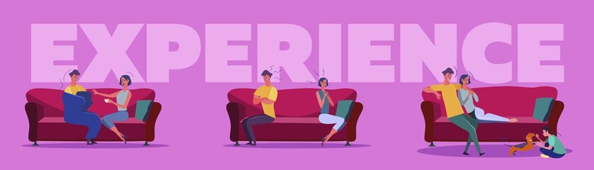Communication at home set. Couple, singles, friends sitting on couch, living room interior. Flat vector illustrations. Relationship, leisure concept for banner, website design or landing web page