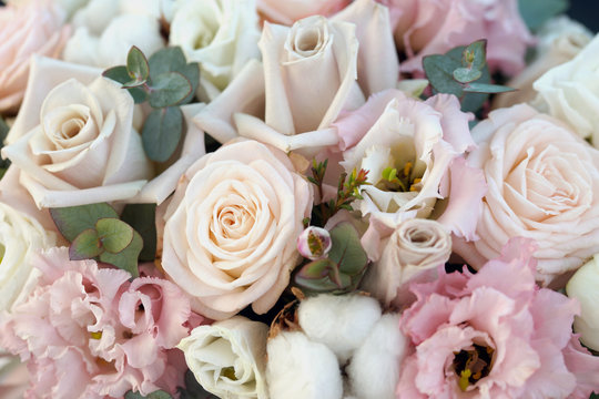 Beautiful bright bouquet with roses and other flowers