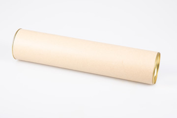 cardboard round mailing brown paper tube closed metal cap on white background