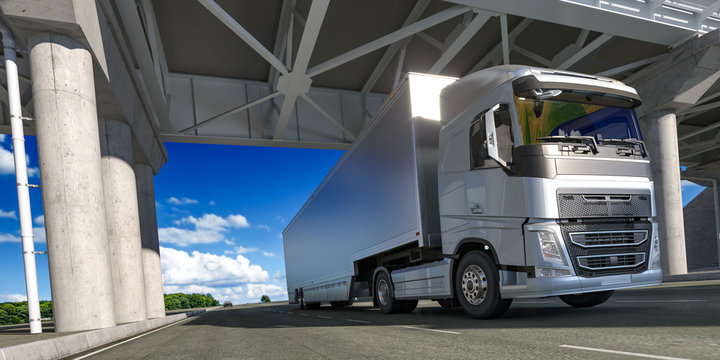 Powerful Semi Truck With Empty Space On White Refrigerator For Long Haul Delivery Driving Along the Route. 3d rendering