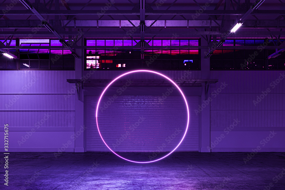 Poster white empty hangar illuminated by neon violet circle, empty factory interior with roller shutter doo