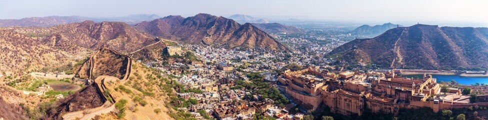 Panorama of India, view of Amber Fort, Amer district in Jaipur and the mountains