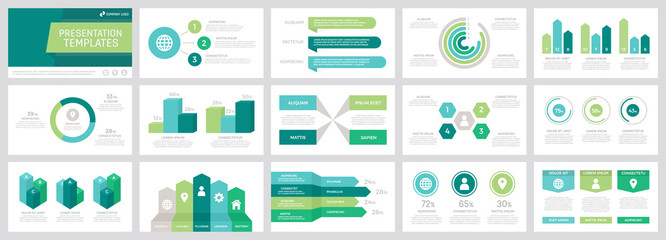 Set of grey and green, turquoise, blue elements for multipurpose presentation template slides with graphs and charts. - obrazy, fototapety, plakaty