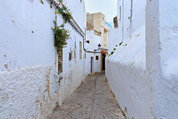 View of the old walls of Tetouan Medina quarter in Northern Morocco. A medina is typically walled,...