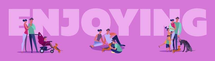 Families enjoying leisure set. Citizens walking or running outside, apartment houses facade. Flat vector illustrations. Lifestyle, real estate concept for banner, website design or landing web page