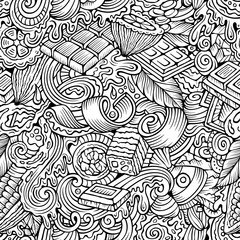 Chocolate hand drawn doodles seamless pattern. Cocoa vector illustration.