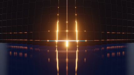 Dark Cube Collapsing Into Small Elements. Futuristic Glowing Shape, Science Fiction and Technology Concept. 3D Render.