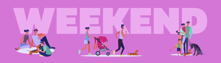 Weekend activities set. Families, kids, friends walking, jogging, shopping, city park view. Flat vector illustrations. Lifestyle, recreation concept for banner, website design or landing web page
