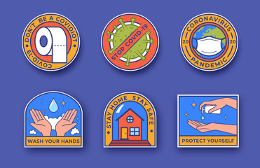 Naklejka premium Coronavirus outbreak concept. Covid-19 colourful badges. Staying home with self quarantine. Protect yourself from viruses, wash your hands. Coronavirus pandemic