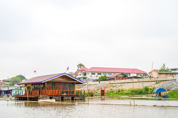 Fototapeta premium Raft, floating house, Sakae Krang river community, Uthai Thani Province, Thailand