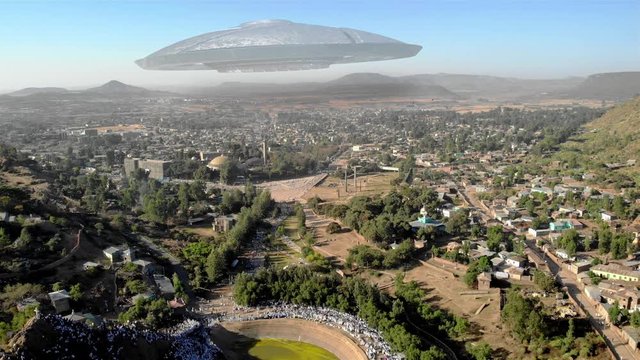Alien Ufo saucer Ship over Africa City Aerial Image over African city with large flying saucer