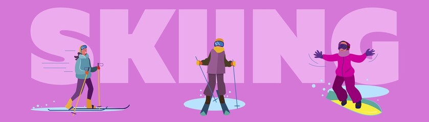 Winter activities for kids set. Children skiing, snowboarding, country landscape with house. Flat vector illustrations. Country, vacation concept for banner, website design or landing web page