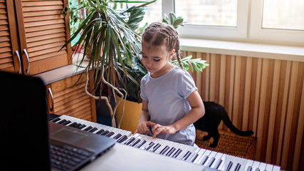 Young musician playing classic digital piano at home during online class at home, self-isolation © Maria