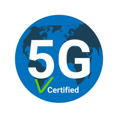 World map with 5G certified text, blue background. Stock Vector illustration.