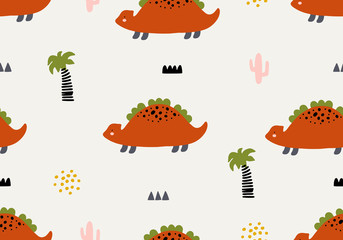Baby pattern with dinosaur, seamless animal background.