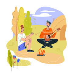 Summer tourist camping background with tourists sitting near campfire. Hiking adventure in forest and recreation on nature, picnic outdoors. Flat cartoon vector illustration isolated.