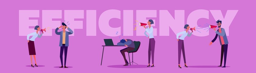 Employees efficiency set. Lazy worker late for work, sleeping at workplace, meeting room. Flat vector illustrations. Useless manager, failure concept for banner, website design or landing web page