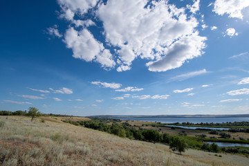Obraz premium Overgrown with wormwood and grass burnt out in the hot sun, a deserted shore on the banks of the Volga River. White clouds scatter in the blue sky.