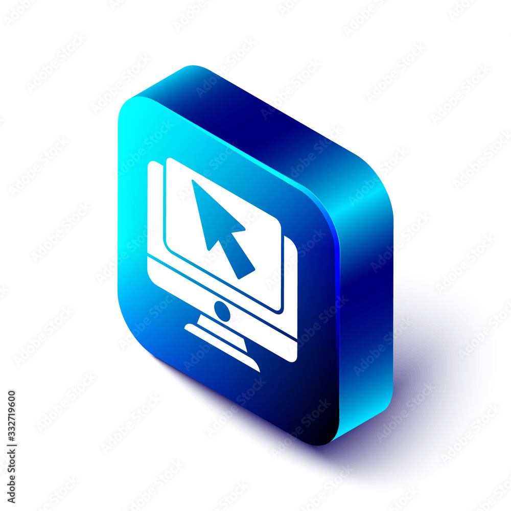 Poster isometric computer monitor and cursor icon isolated on white background. computer notebook with empt