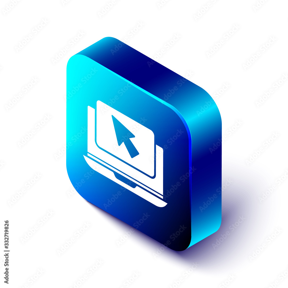 Poster Isometric Laptop and cursor icon isolated on white background. Computer notebook with empty screen sign. Blue square button. Vector Illustration