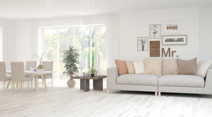 White living room with sofa. Scandinavian interior design. 3D illustration