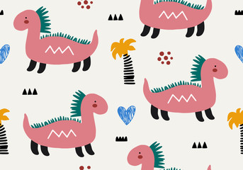 Baby pattern with dinosaur, seamless animal background.