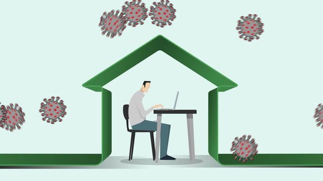 Man protected under a green home to avoid coronavirus danger. Self quarantine. Smart Working Concept. 