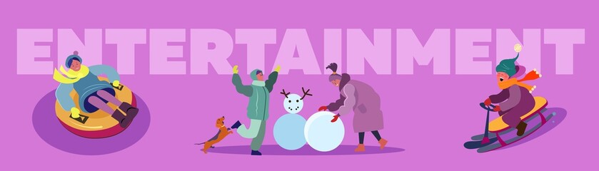 Christmas winter park set. Parents, children walking, making snowman, sleighing. Flat vector illustrations. New Year, leisure, outdoor activity concept for banner, website design or landing web page