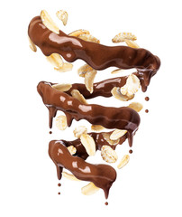 Chocolate splashes in spiral shape with oatmeal, isolated on a white background
