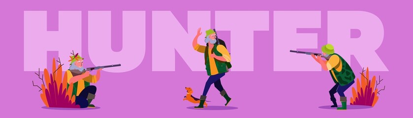 Hunter outdoors set. Man shooting riffle, holding shot animal, autumn landscape. Flat vector illustrations. Hobby, sport, activity concept for banner, website design or landing web page