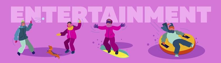 Christmas activities set. Couples, kids, families having fun, dancing, playing snowballs. Flat vector illustrations. New Year, vacation, party concept for banner, website design or landing web page