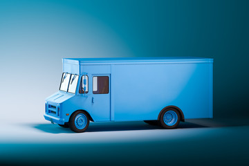 Side View Of White Blank Food Truck With on Illuminated Background. Takeaway food and drinks. 3d rendering.