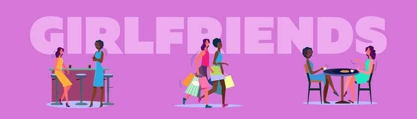 Female friends having fun together set. Two women in cafe, bar, college, shopping mall. Flat vector illustrations. Friendship, meeting concept for banner, website design or landing web page