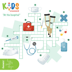 Easy crossword puzzle 'At the hospital', for children in elementary and middle school. Fun way to practice language comprehension and expand vocabulary. Includes answers.
