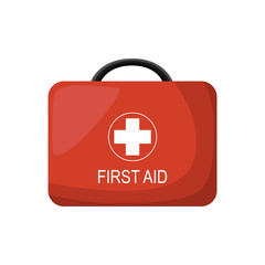 Cartoon red medical firs aid kit, ambulance emergency box. vector illustration