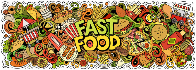 Naklejka premium Fastfood hand drawn cartoon doodles illustration. Colorful vector banner