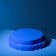 Blue Blank Round Showcase with Empty Space on Blue Background. 3d rendering. Minimalism Concept.