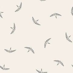 Vintage pattern with little swift birds. Monochrome vector background in doodle asian style. - 332722249