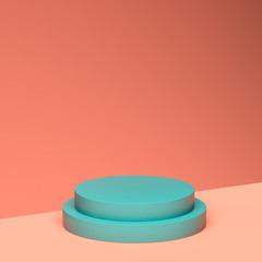 Blank Round Living Coral Color Showcase with Empty Space on Green Background. 3d rendering. Copy Space