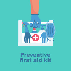 Preventive first aid kit. Disinfectant antibacterial equipment. Healthcare concept. Vector illustration flat design. Coronavirus protection. Spray mask liquid soap and antiseptic as symbol of hygiene.