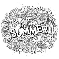 Hello Summer hand drawn cartoon doodles illustration. Funny seasonal design.