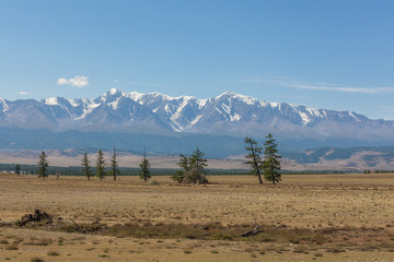 View of Belukha Mountain. Russia. Snow mountains of Altai. Belukha the highest peak of Siberia