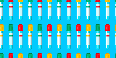 seamless pattern with test tubes. test tubes for analysis of red, yellow and green colors on a light blue background. Coronavirus. Covid-19.